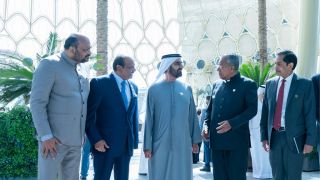 Kerala Chief Minister Pinarayi Vijayan along with Indian Ambassador to UAE Sunjay Sudhir and Lulu Group Chairman M. A. Yusuff Ali meets H.E. Abdulla bin Touq Al-Marri, UAE Minister of Economy